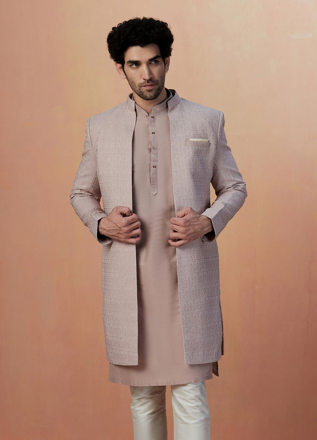 alt message - Manyavar Men Lilac Self Design Jacket Indo Western image number 2